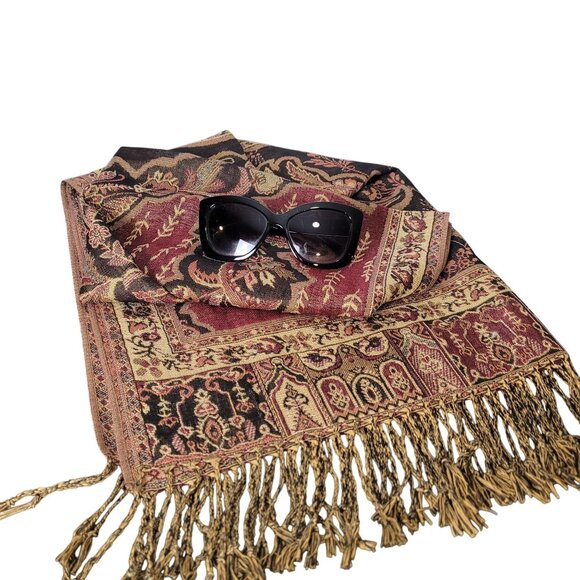 Waverly Paisley Scarf Wrap Shawl 27" X 69" Including Fringe Elegant Gold & Burgu - Picture 3 of 15